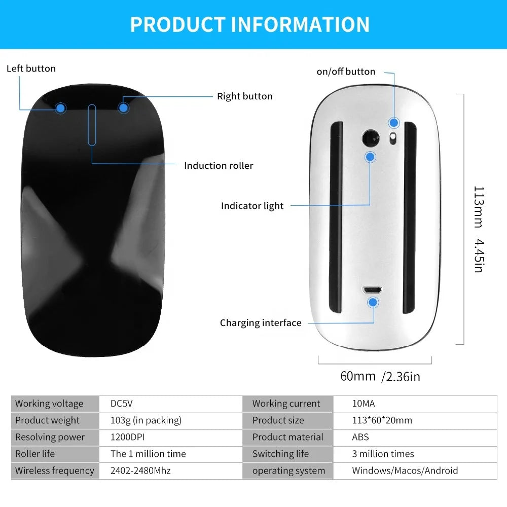 KTM-123091 Ultra-Thin Wireless Rechargeable Touch Mouse for Mac and Laptop - Silent Multi-Arc Design
