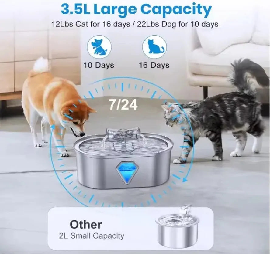 KTM-198419 Portable 3.2L Stainless Steel Pet Water Fountain with Water Level Window for Cats