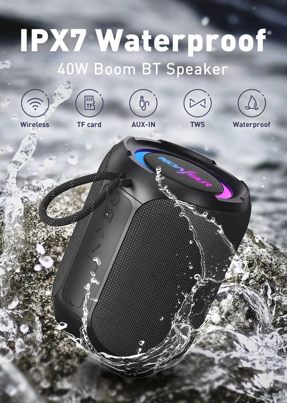 KTM-202195 Portable Bluetooth Speaker with 40W Stereo Sound, Extra Bass, IPX7 Waterproof for Outdoor Parties