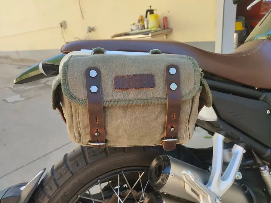 KTM-302931 Waterproof Motorcycle Side Car Head Car Lock Bag - Heavy Duty Waxed Canvas and Leather Riding Rear Seat Messenger Bag
