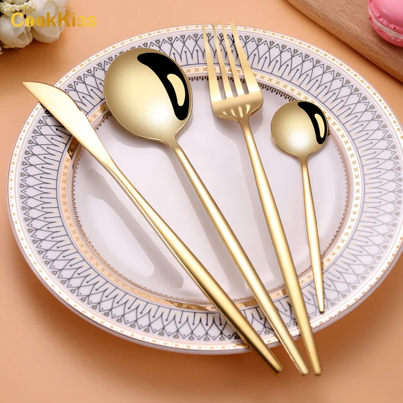 KTM-357011 24-Piece Gold Stainless Steel Flatware Set with Gift Box for Parties and Weddings