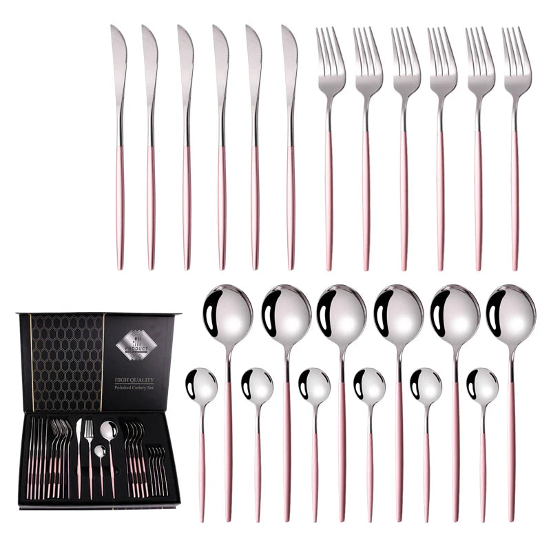 KTM-357011 24-Piece Gold Stainless Steel Flatware Set with Gift Box for Parties and Weddings