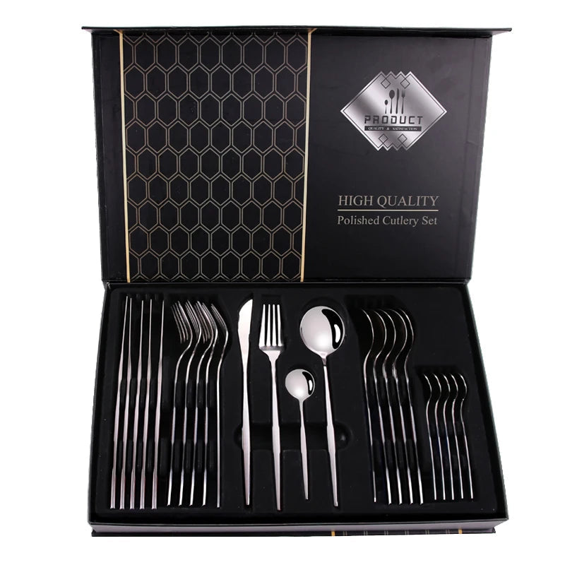 KTM-357011 24-Piece Gold Stainless Steel Flatware Set with Gift Box for Parties and Weddings
