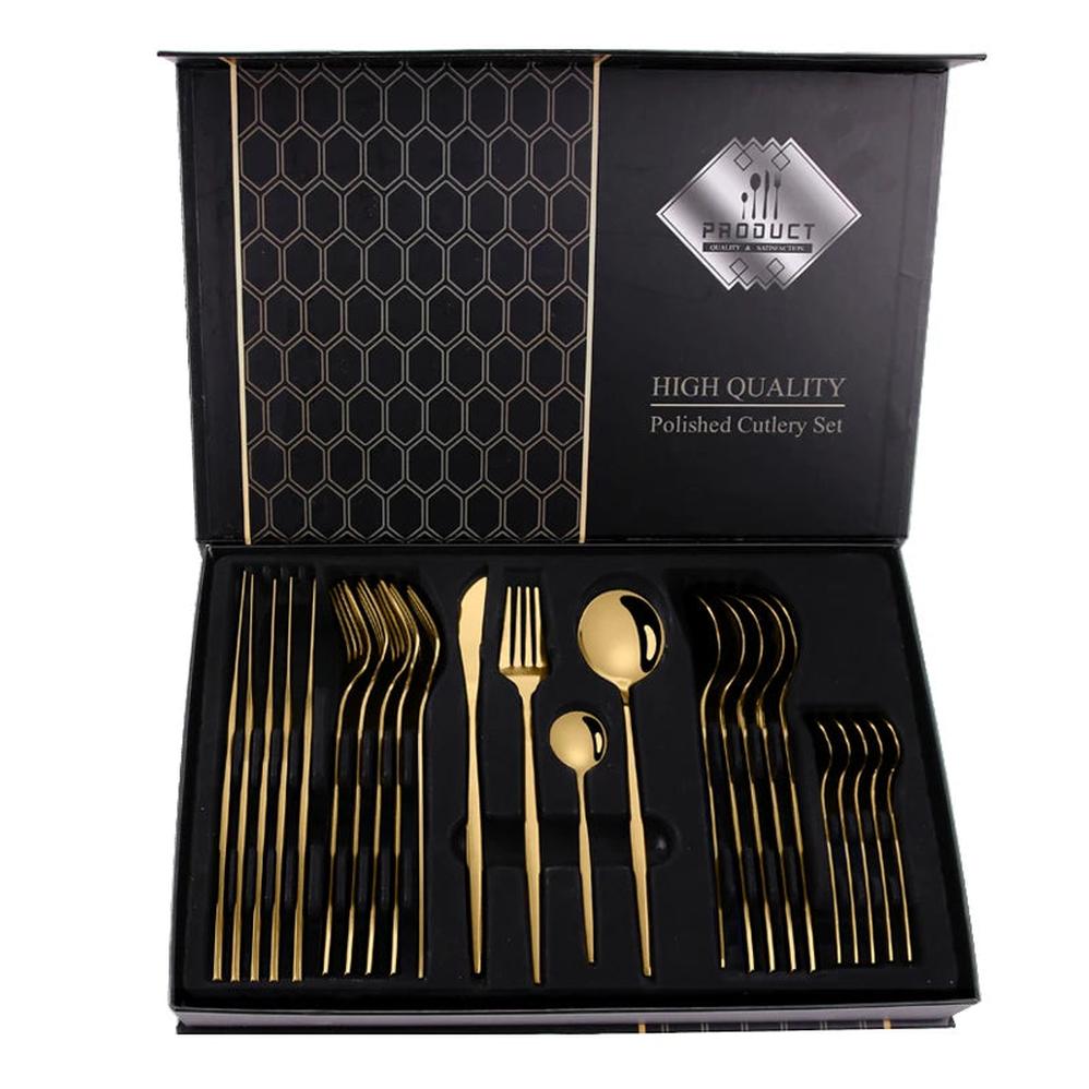 KTM-357011 24-Piece Gold Stainless Steel Flatware Set with Gift Box for Parties and Weddings