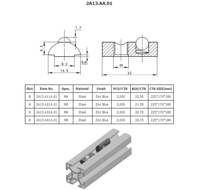 KTM-371155 Steel Half Round Spring Ball T Slot Nut M4 M5 M6 M8 for 30 40 Aluminium Profile