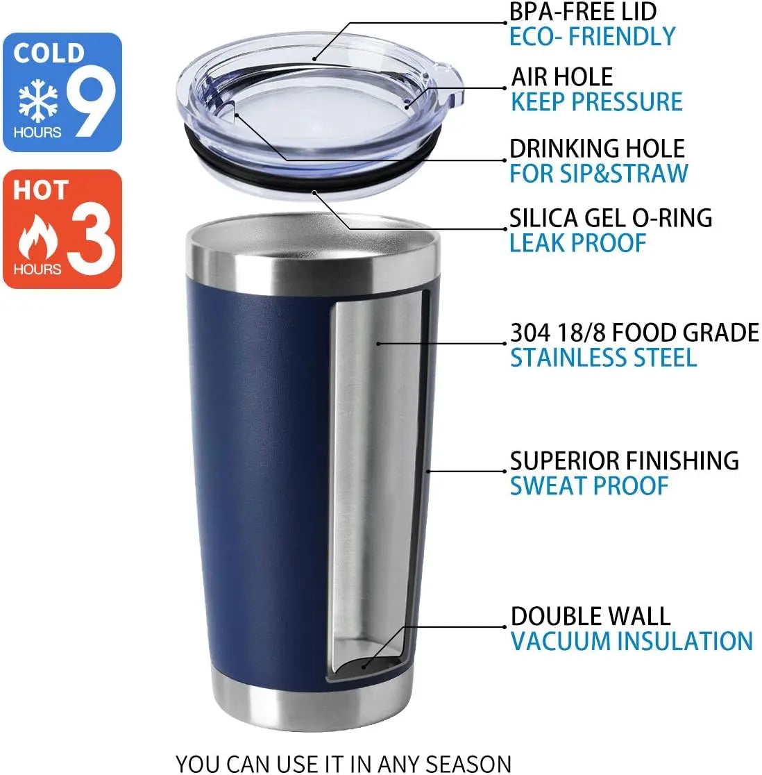 KTM-504211 Stainless Steel Double Wall Vacuum Insulated Travel Cup with Lid - Ideal for Home, Office and Car Use