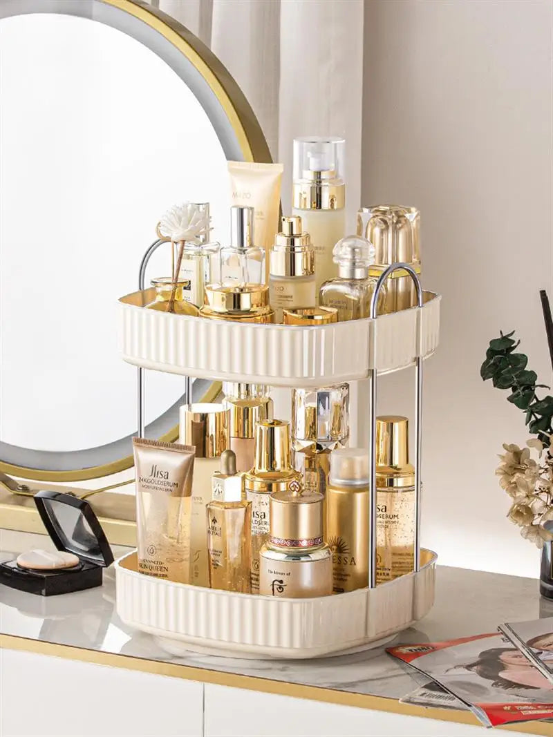 KTM-773139 Two-Layer Rotating Home Storage Organizer Rack in Cream White and Elegant Black
