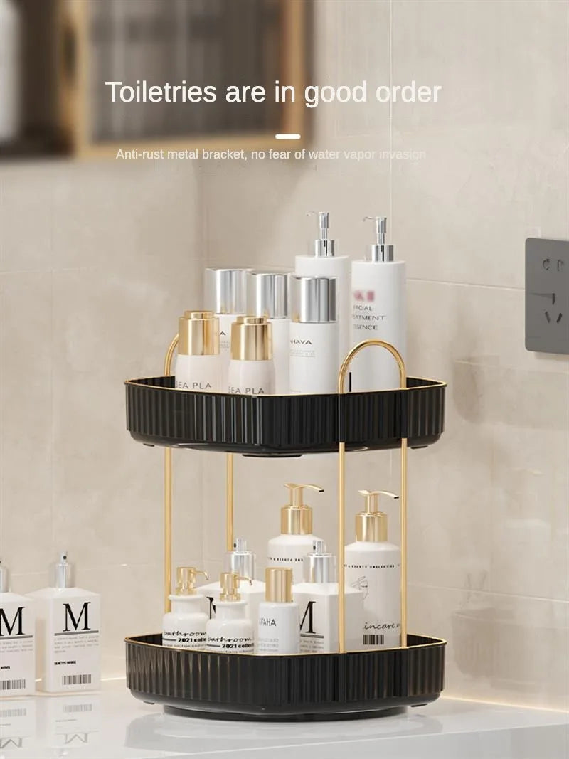 KTM-773139 Two-Layer Rotating Home Storage Organizer Rack in Cream White and Elegant Black