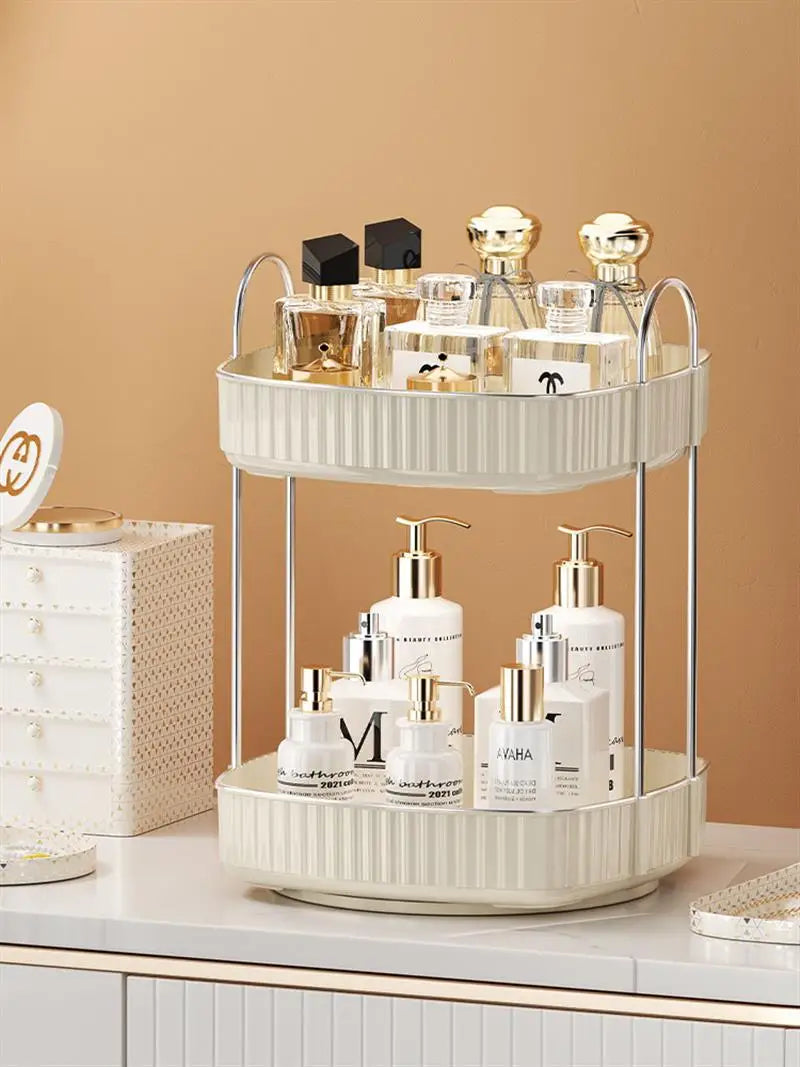 KTM-773139 Two-Layer Rotating Home Storage Organizer Rack in Cream White and Elegant Black