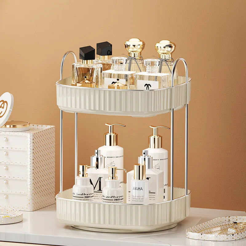 KTM-773139 Two-Layer Rotating Home Storage Organizer Rack in Cream White and Elegant Black