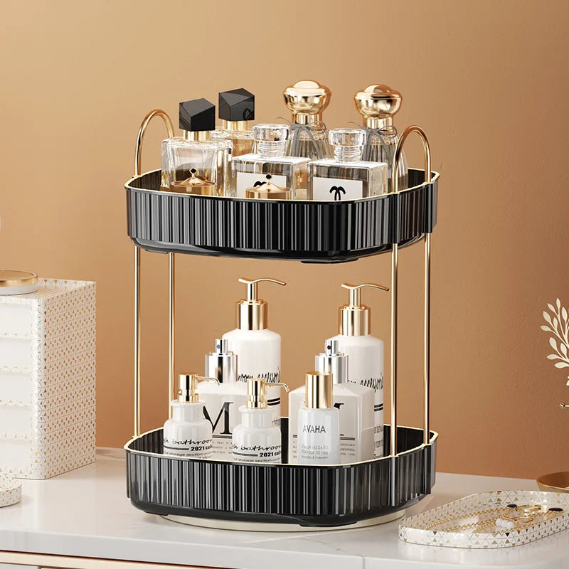 KTM-773139 Two-Layer Rotating Home Storage Organizer Rack in Cream White and Elegant Black