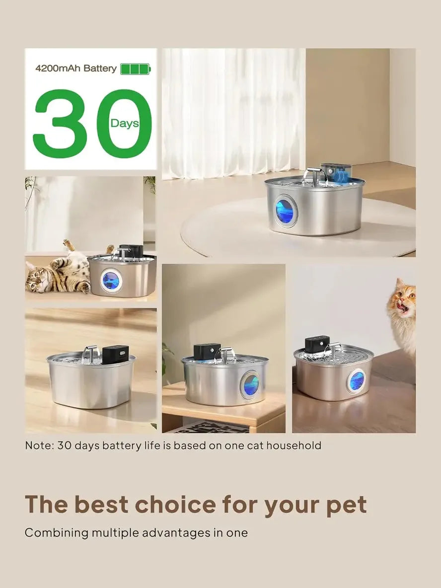KTM-801235 Stainless Steel Cat Water Fountain 3.2L with Dual Outlet - Portable Automatic Drinking Station