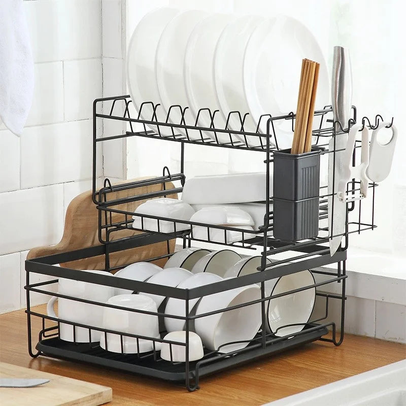 KTM-887443 2-Tier Stainless Steel Dish Drying Rack with Utensil Holder for Kitchen Organization