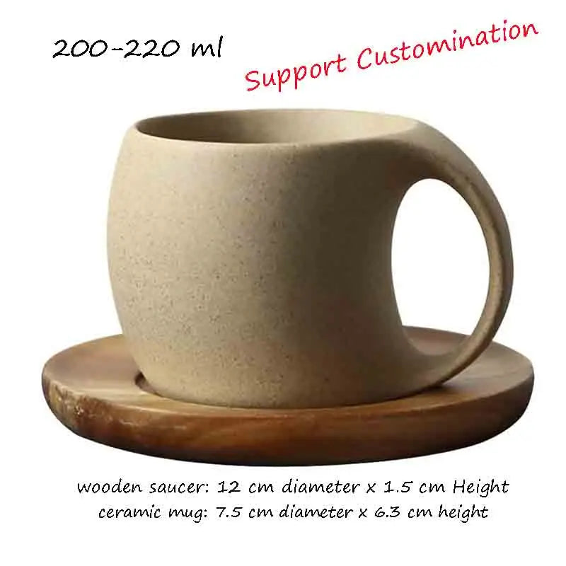 KTM-931795 Japanese Ceramic Coffee Mug with Wooden Saucer - Elegant Porcelain Tea Cup Set
