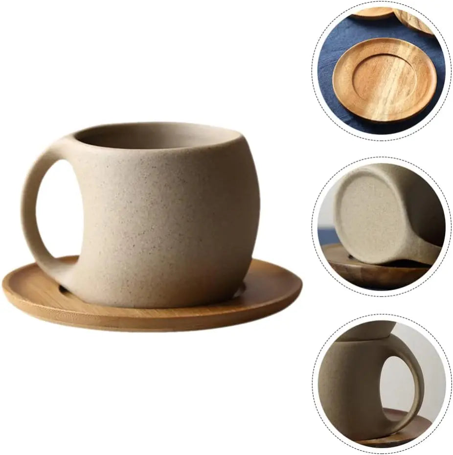 KTM-931795 Japanese Ceramic Coffee Mug with Wooden Saucer - Elegant Porcelain Tea Cup Set