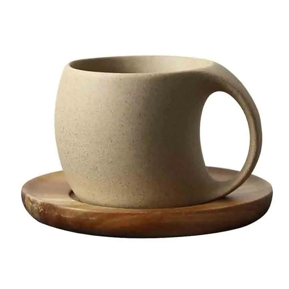 KTM-931795 Japanese Ceramic Coffee Mug with Wooden Saucer - Elegant Porcelain Tea Cup Set