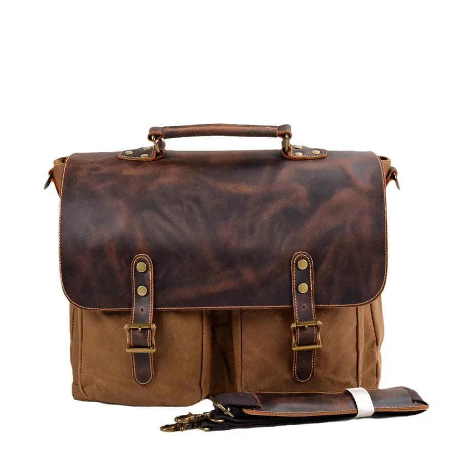 KTM-967507 Large Capacity Retro Canvas Crossbody Shoulder Bag with Crazy Horse Skin for 15.6-inch Laptop