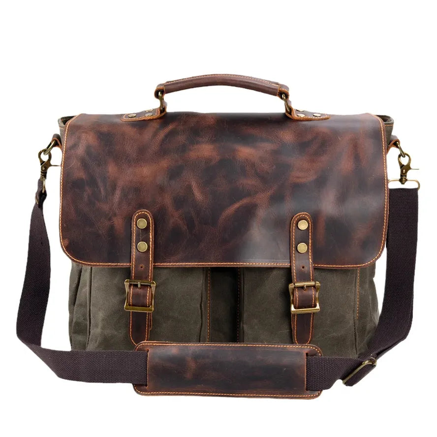 KTM-967507 Large Capacity Retro Canvas Crossbody Shoulder Bag with Crazy Horse Skin for 15.6-inch Laptop