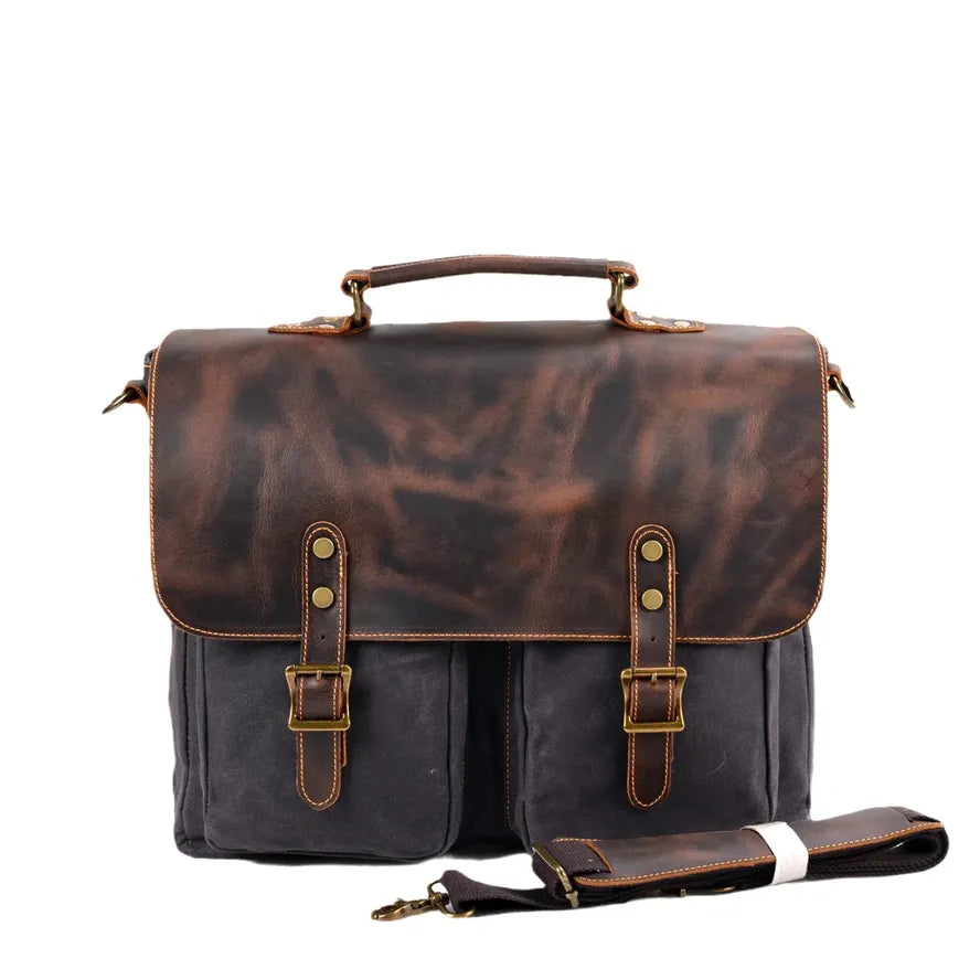 KTM-967507 Large Capacity Retro Canvas Crossbody Shoulder Bag with Crazy Horse Skin for 15.6-inch Laptop