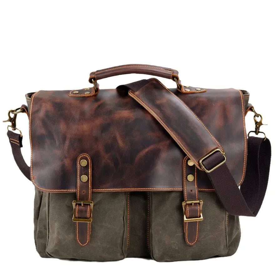 KTM-967507 Large Capacity Retro Canvas Crossbody Shoulder Bag with Crazy Horse Skin for 15.6-inch Laptop