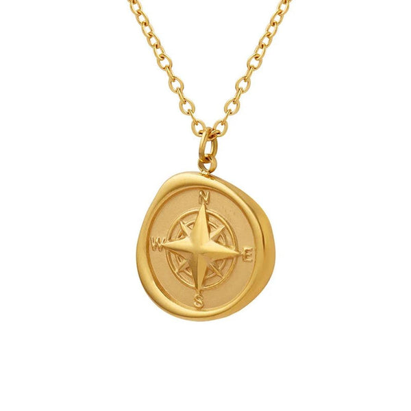 KTM-016467 Fashion 18k Gold Plated Chain Statement Necklace Waterproof Stainless Steel Compass Pendant Necklace for Women Gift