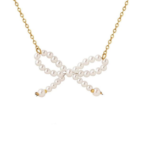 KTM-025043 Personality Trend Imitation Pearl Bow Necklace Stainless Steel 18K Gold Link Chain butterfly Necklace for Women