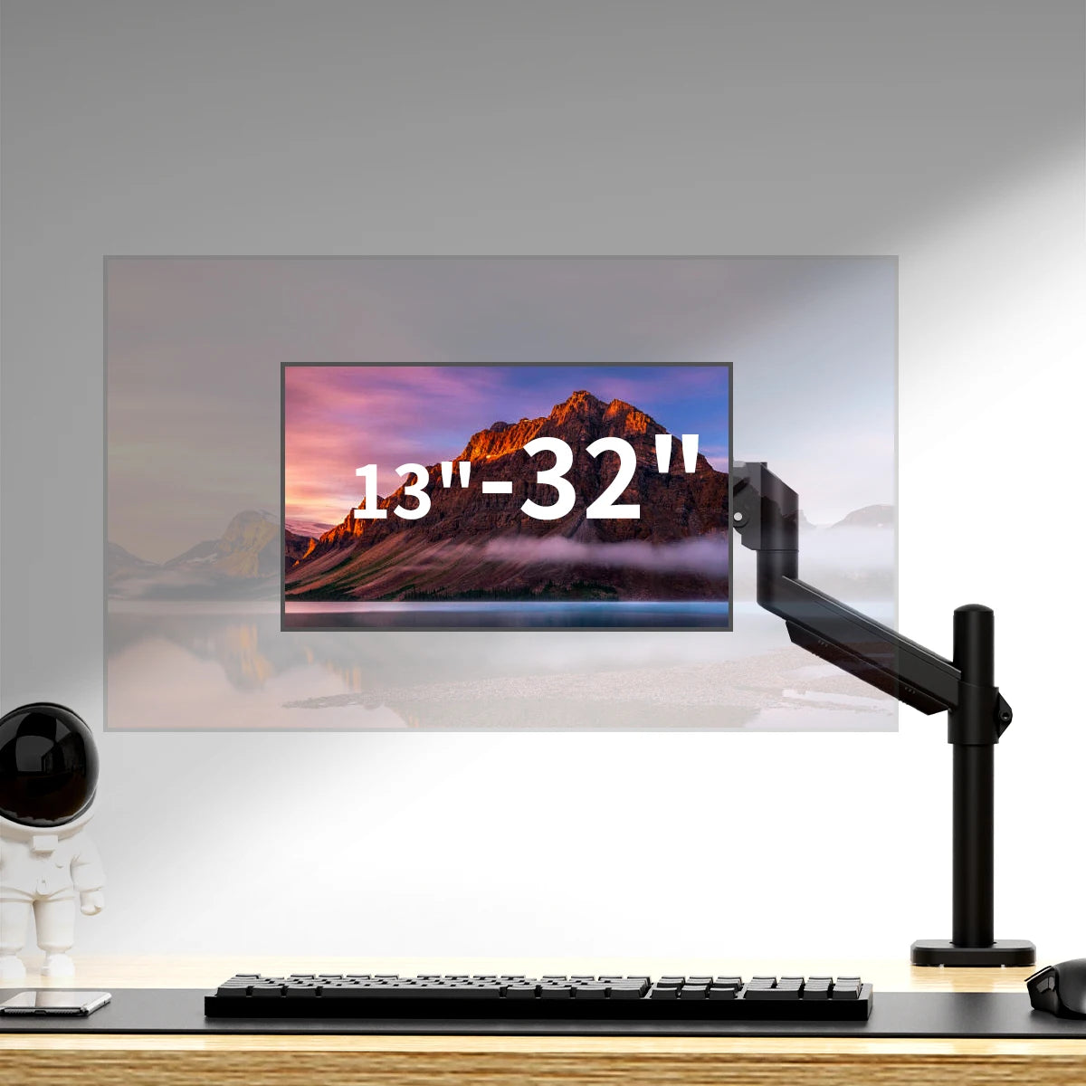 KTM-063955 Height Adjustable Single Gas Spring Monitor Arm for 13-32 Inch Screens with 360° Swivel and C-Clamp/Grommet Installation