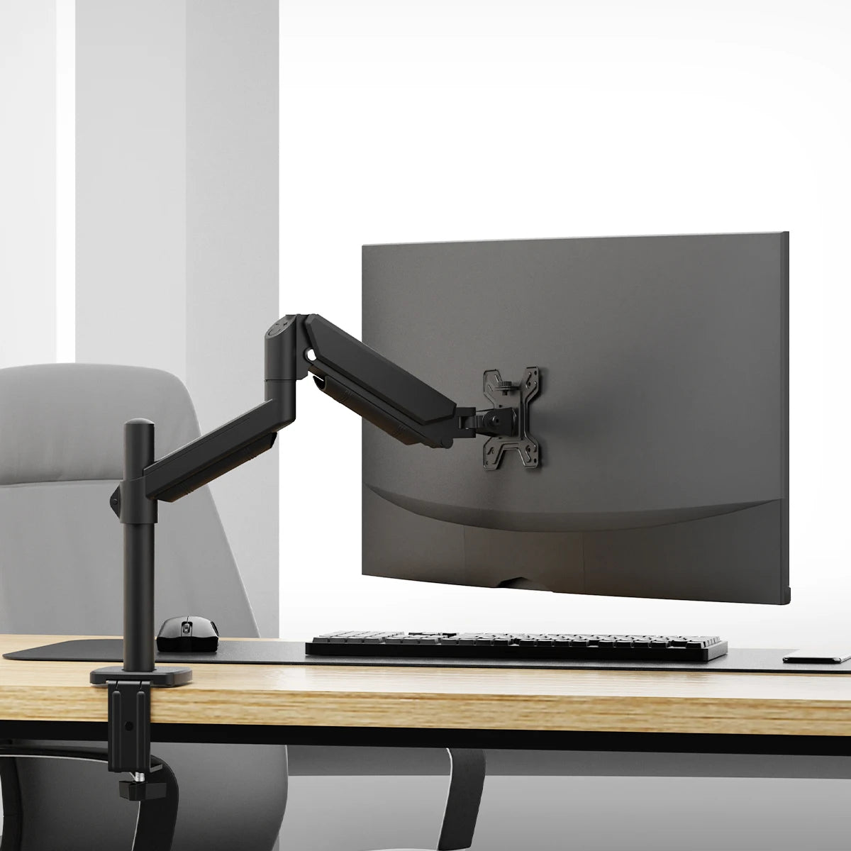 KTM-063955 Height Adjustable Single Gas Spring Monitor Arm for 13-32 Inch Screens with 360° Swivel and C-Clamp/Grommet Installation