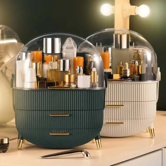 KTM-088915 360° Rotating Makeup Organizer with Lid and 2 Drawers – Space-Saving Skincare Storage Solution