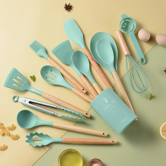 KTM-120339 Creamy White Wooden Handle Nonstick Silicone Kitchen Utensils - 11 Piece Cooking Tool Set