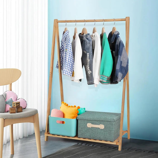 KTM-132499 Bamboo Children's Hanging Clothes Rack with Hat Storage for Bedroom and Wardrobe Organization