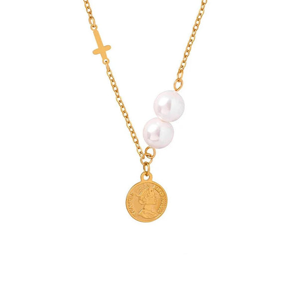 KTM-136595 2024 Exquisite 18K Gold Plated Imitation Pearl Satellite Dainty Chain Tassel Necklace Stainless Steel Jewelry