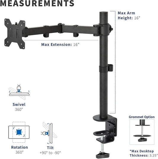 KTM-142867 Height Adjustable Single Long Arm Monitor Mount for VESA 32 Screens - Bolt Down Metal Stand