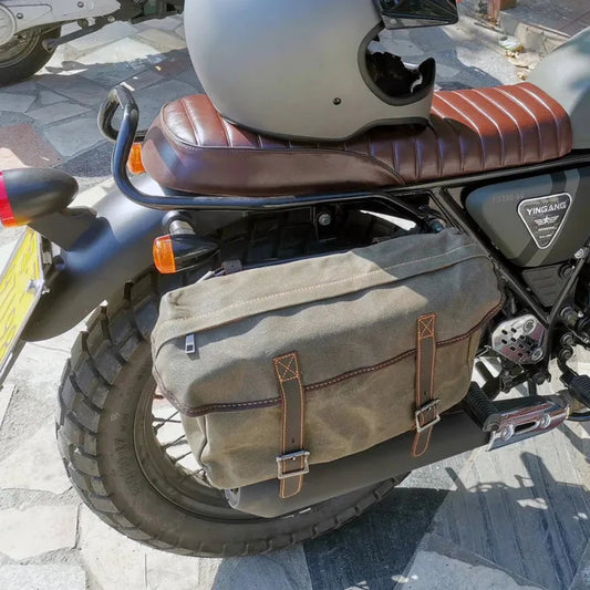 KTM-144019 Detachable Waxed Canvas Motorcycle Saddle Bag with Leather Accents and Zip Closure