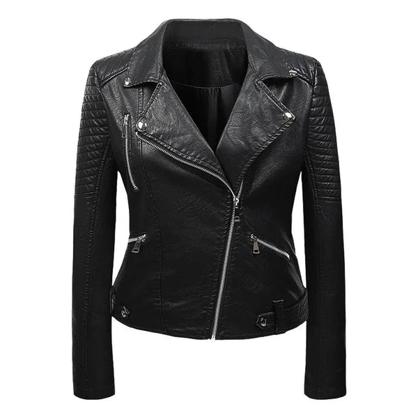 KTM-175635 PU Leather Jacket for Women Korean Version Slim Fit Harajuku Style Spring Short Flip Collar Motorcycle Jacket Clothing