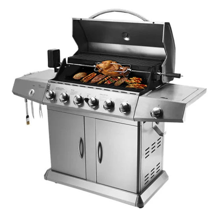 KTM-179283 6-Burner Gas BBQ Grill with Side Burner, Stainless Steel, Cast Iron Grates, and Wheels