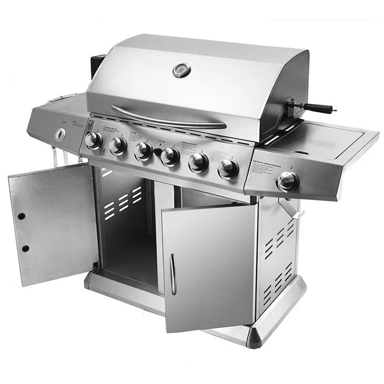 KTM-179283 6-Burner Gas BBQ Grill with Side Burner, Stainless Steel, Cast Iron Grates, and Wheels