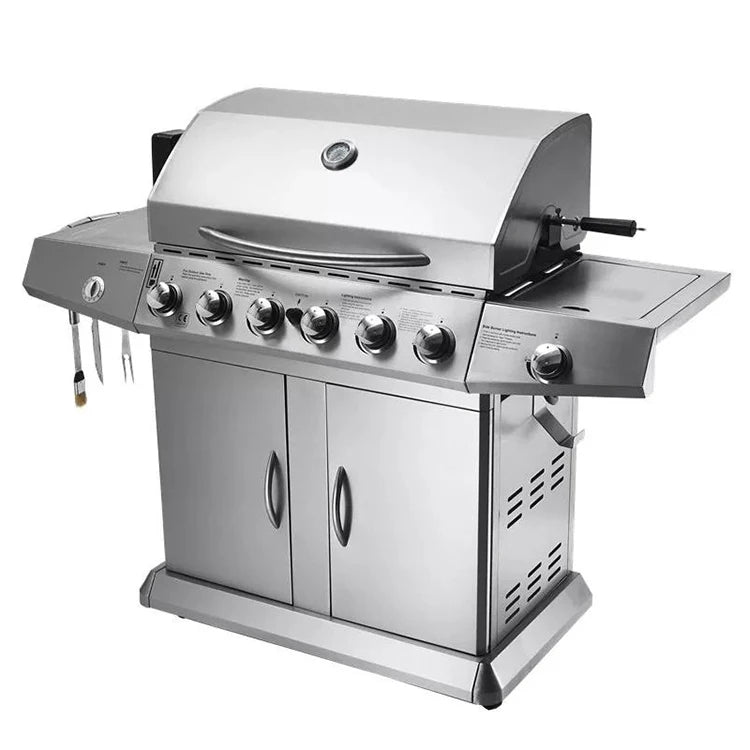 KTM-179283 6-Burner Gas BBQ Grill with Side Burner, Stainless Steel, Cast Iron Grates, and Wheels