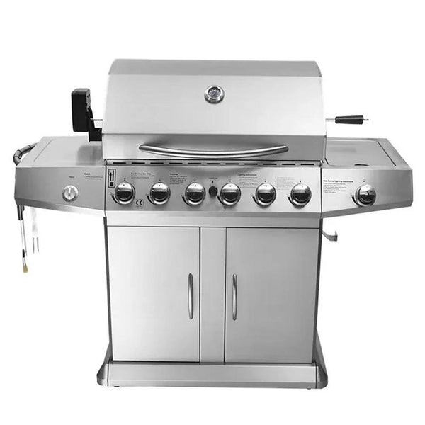 KTM-179283 6-Burner Gas BBQ Grill with Side Burner, Stainless Steel, Cast Iron Grates, and Wheels