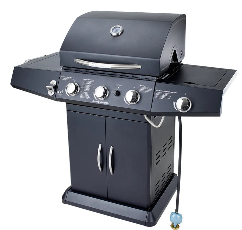 KTM-180755 3-Burner Gas Grill with Side Burner and Stainless Steel Construction for Outdoor Cooking