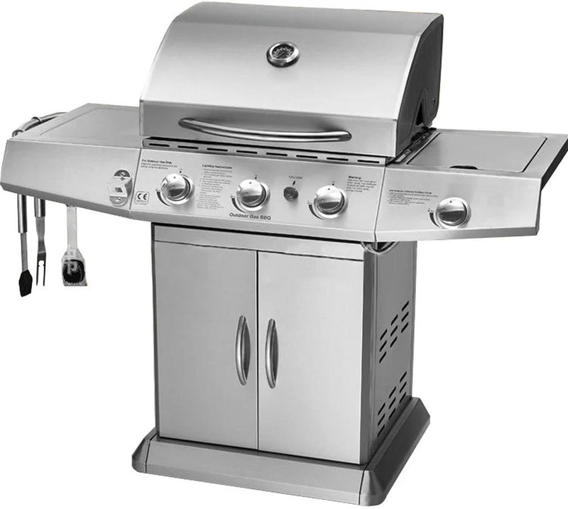 KTM-180755 3-Burner Gas Grill with Side Burner and Stainless Steel Construction for Outdoor Cooking