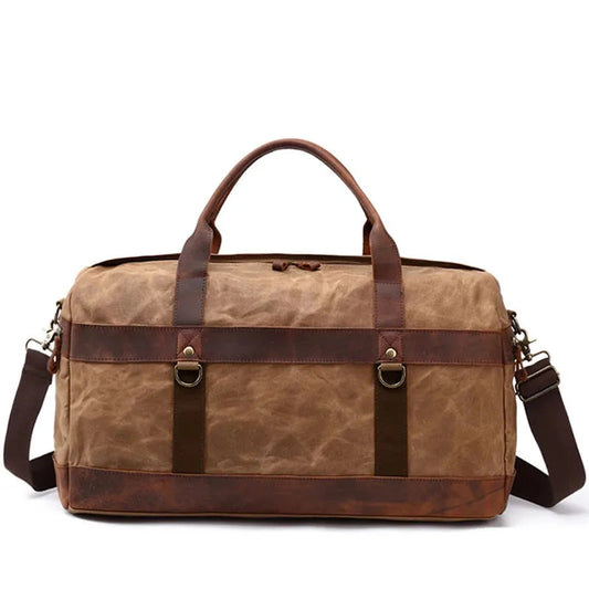 KTM-190035 Waterproof Waxed Canvas Duffel Bag with Full Grain Leather Accents – Large Capacity Travel and Sports Bag