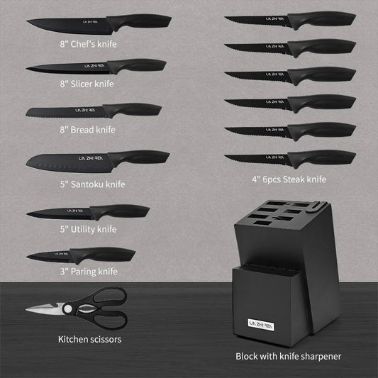 KTM-193811 15-Piece Professional Black Non-Stick Coating Stainless Steel Knife Block Set with Kitchen Scissor