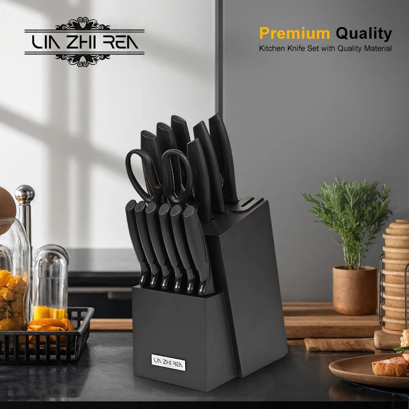 KTM-193811 15-Piece Professional Black Non-Stick Coating Stainless Steel Knife Block Set with Kitchen Scissor