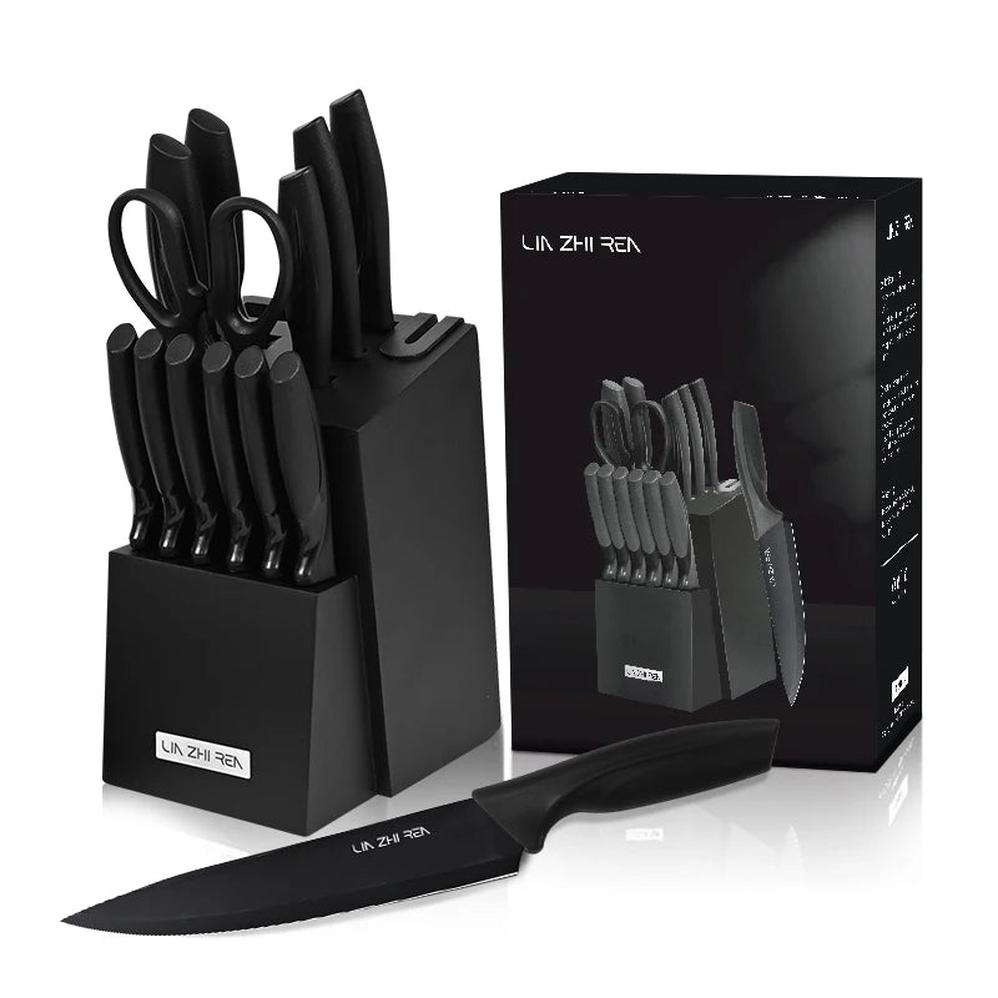 KTM-193811 15-Piece Professional Black Non-Stick Coating Stainless Steel Knife Block Set with Kitchen Scissor