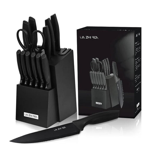 KTM-193811 15-Piece Professional Black Non-Stick Coating Stainless Steel Knife Block Set with Kitchen Scissor
