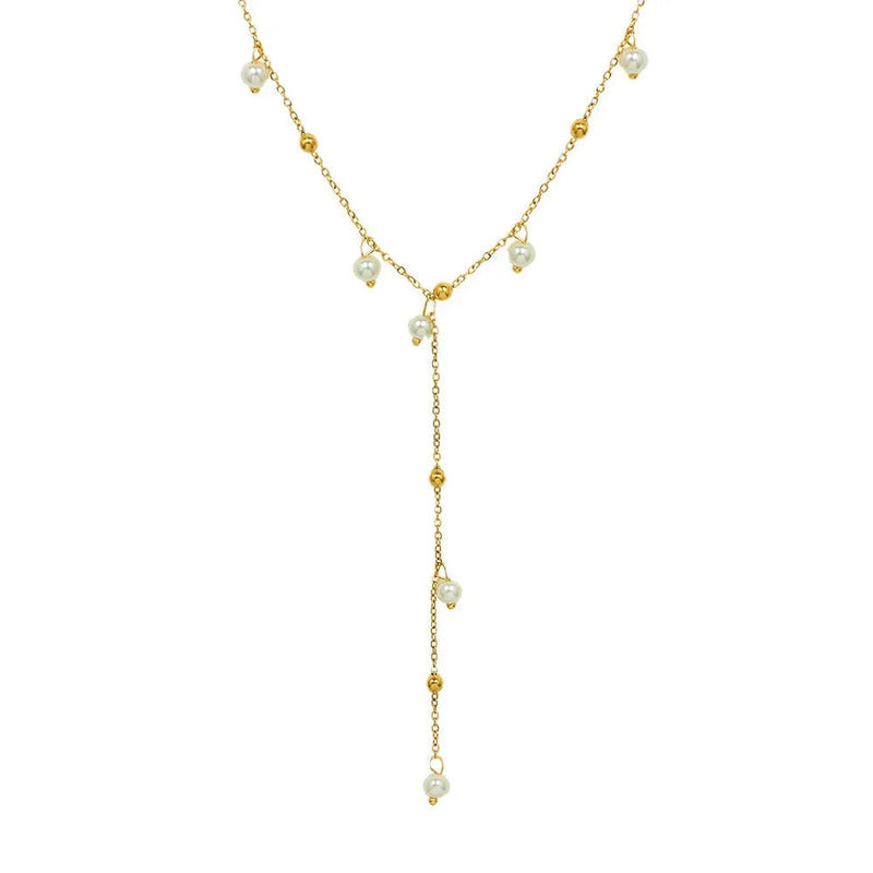 KTM-204051 Exquisite 18K Gold Plated Imitation Pearl Satellite Dainty Chain Tassel Necklace Stainless Steel Jewelry
