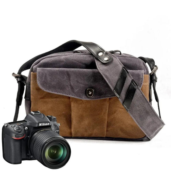 KTM-241043 Vintage Canvas and Leather Messenger Bag for DSLR and Laptop, Waterproof Photography Crossbody Bag