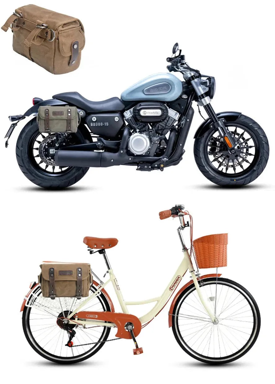 KTM-302931 Waterproof Motorcycle Side Car Head Car Lock Bag - Heavy Duty Waxed Canvas and Leather Riding Rear Seat Messenger Bag