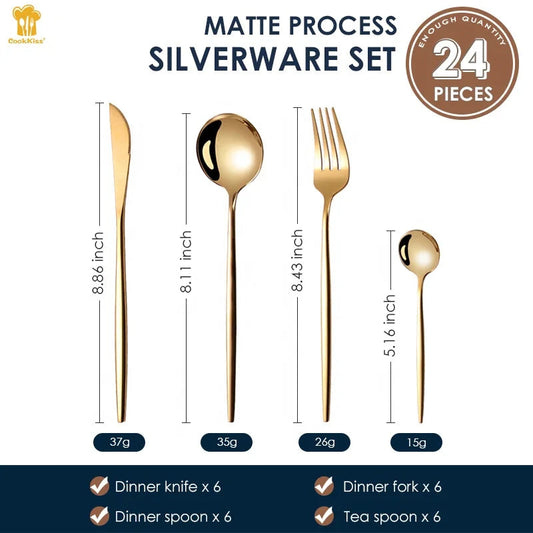 KTM-357011 24-Piece Gold Stainless Steel Flatware Set with Gift Box for Parties and Weddings